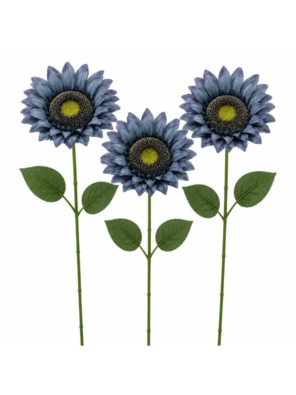 Blue Artificial Sunflower Stems Set of 3 Silk Faux Flowers 17 Inch Farmhouse